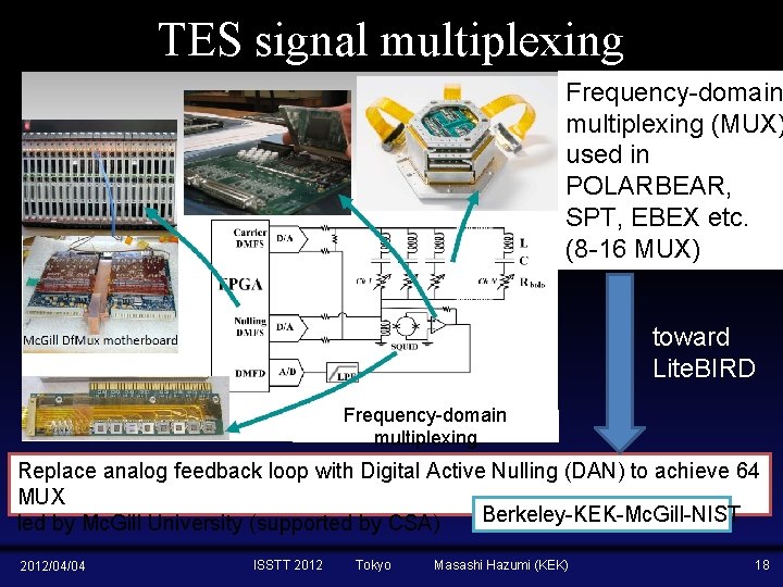 TES signal multiplexing Frequency-domain multiplexing (MUX) used in POLARBEAR, SPT, EBEX etc. (8 -16