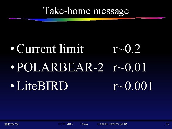 Take-home message • Current limit r~0. 2 • POLARBEAR-2 r~0. 01 • Lite. BIRD