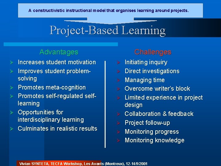 A constructivistic instructional model that organises learning around projects. Project-Based Learning Advantages Ø Ø