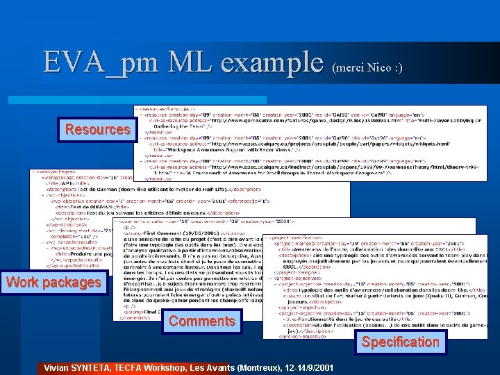 EVA_pm ML example (merci Nico : ) Resources Work packages Comments Specification Vivian SYNTETA,