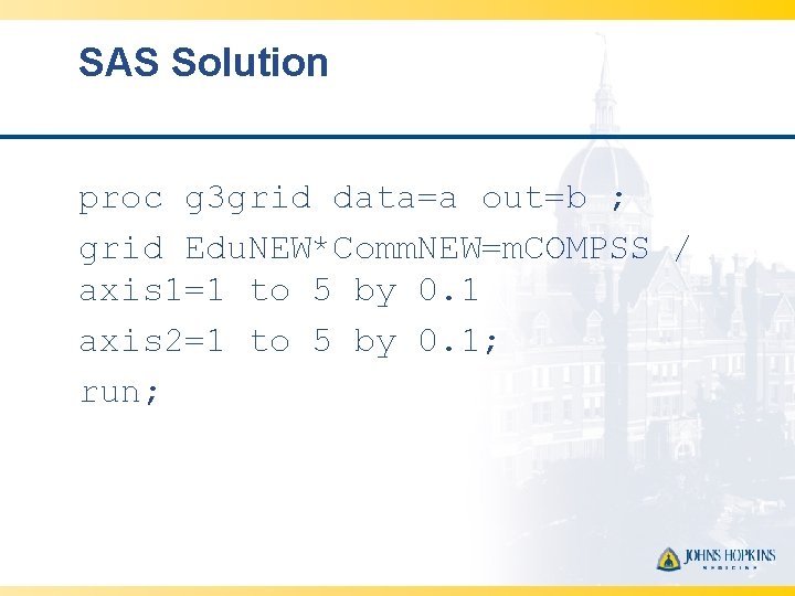 SAS Solution proc g 3 grid data=a out=b ; grid Edu. NEW*Comm. NEW=m. COMPSS