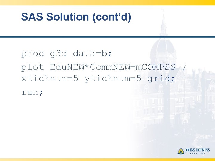 SAS Solution (cont’d) proc g 3 d data=b; plot Edu. NEW*Comm. NEW=m. COMPSS /