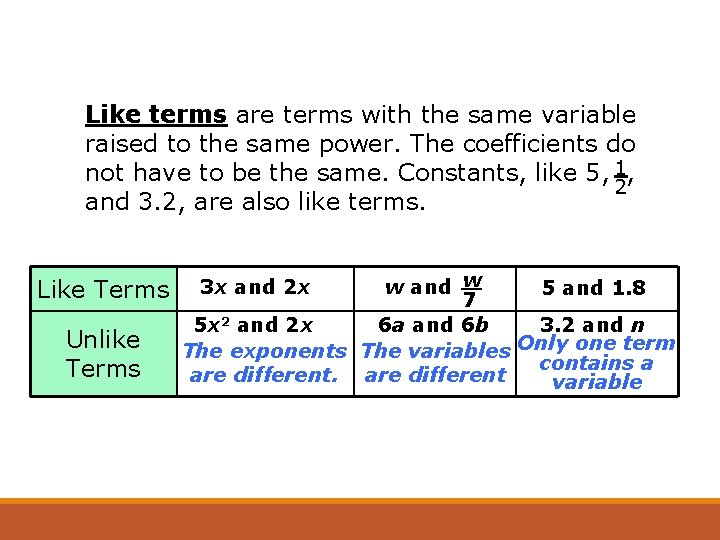 Like terms are terms with the same variable raised to the same power. The