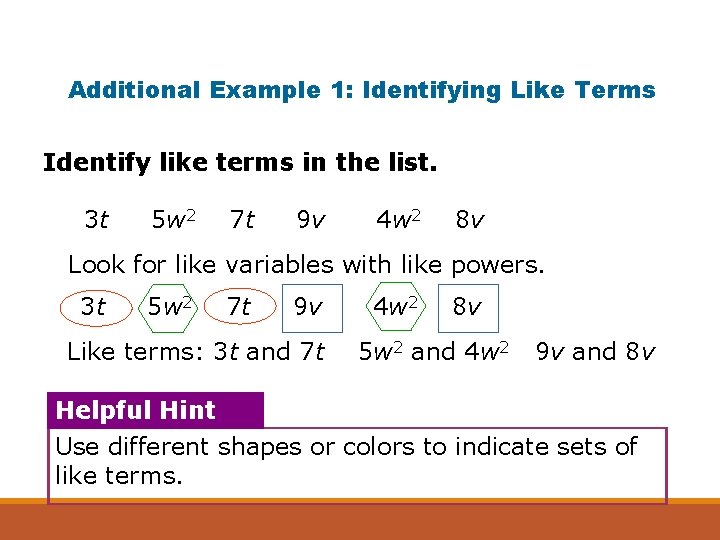 Additional Example 1: Identifying Like Terms Identify like terms in the list. 3 t