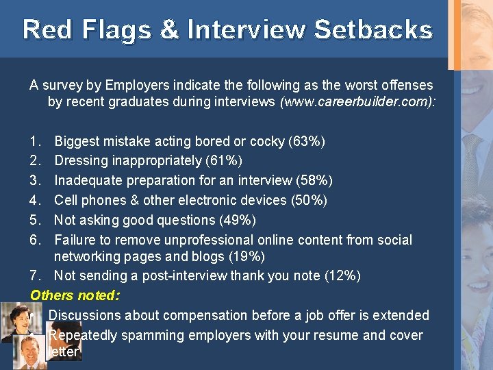 Red Flags & Interview Setbacks A survey by Employers indicate the following as the