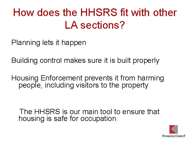 How does the HHSRS fit with other LA sections? Planning lets it happen Building