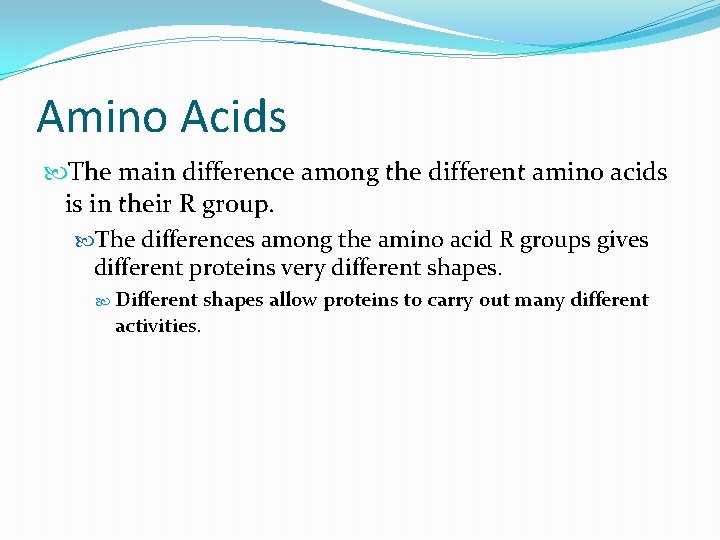 Amino Acids The main difference among the different amino acids is in their R