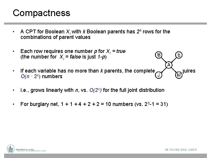 Compactness • A CPT for Boolean Xi with k Boolean parents has 2 k