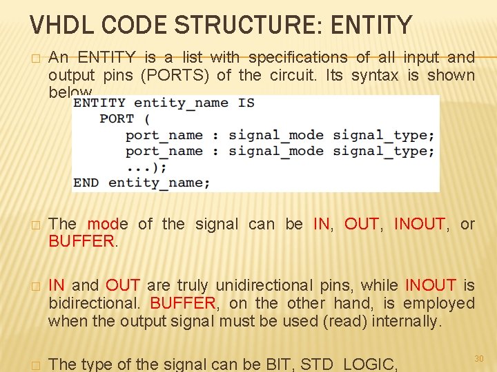 VHDL CODE STRUCTURE: ENTITY � An ENTITY is a list with specifications of all