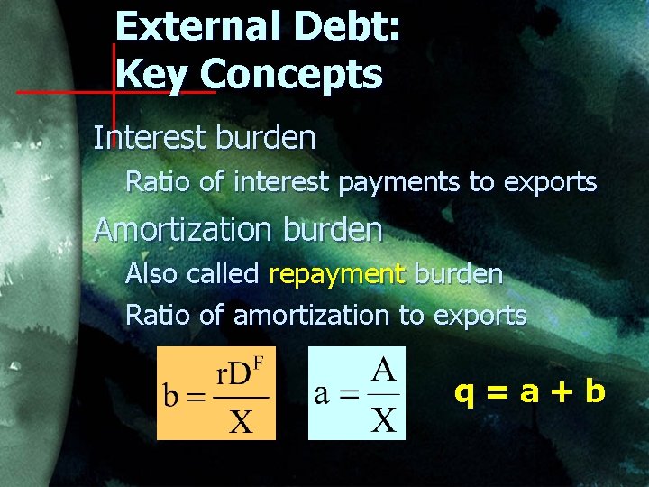 External Debt: Key Concepts Interest burden Ratio of interest payments to exports Amortization burden