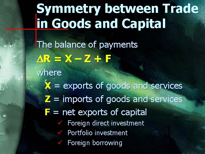 Symmetry between Trade in Goods and Capital The balance of payments R = X