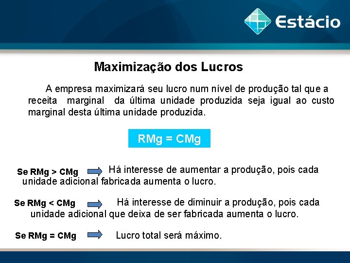 Maximização dos Lucros A empresa maximizará seu lucro num nível de produção tal que