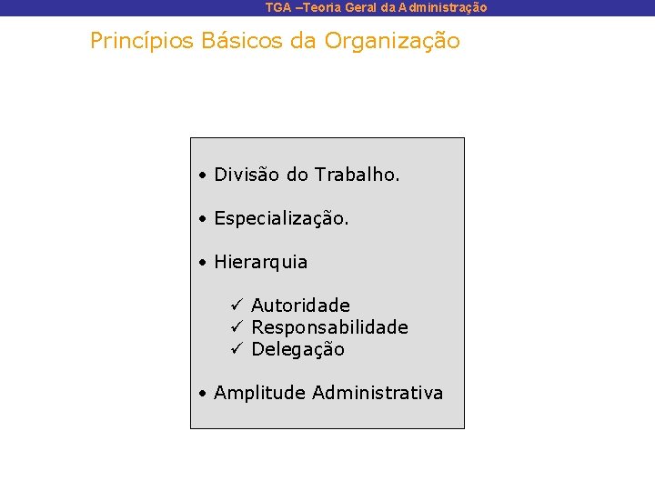 TGA –Teoria Geral da Administração Princípios Básicos da Organização • Divisão do Trabalho. •