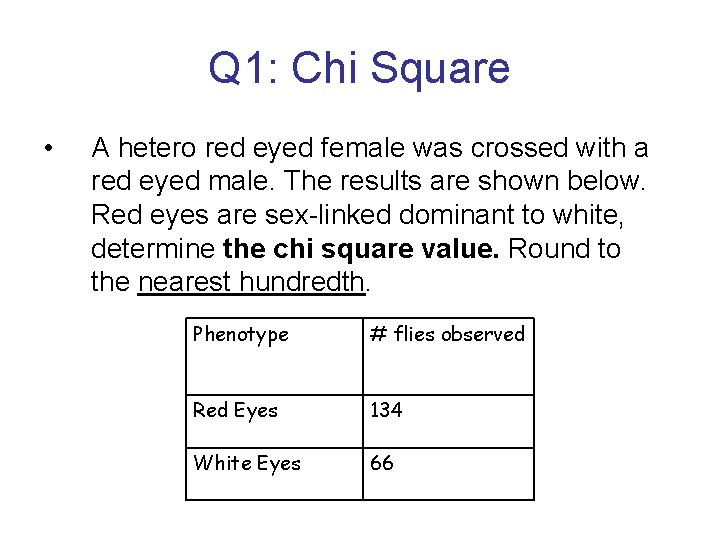 Q 1: Chi Square • A hetero red eyed female was crossed with a