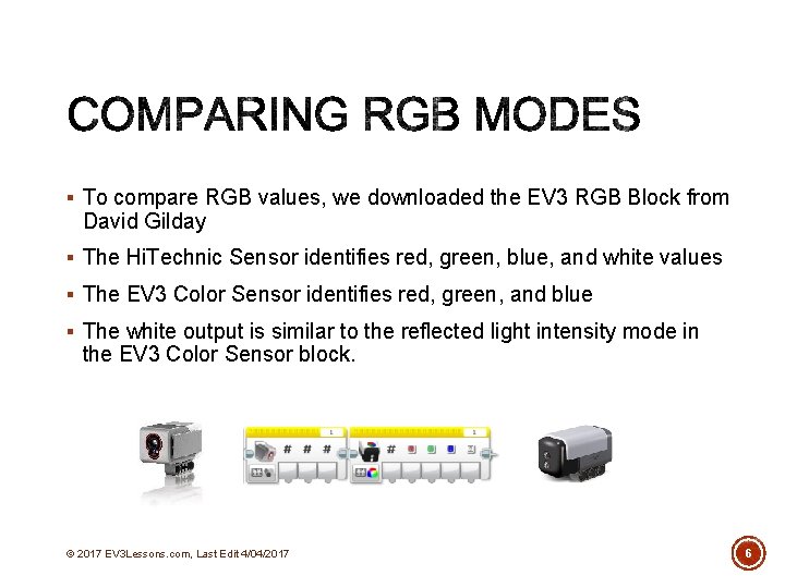 § To compare RGB values, we downloaded the EV 3 RGB Block from David