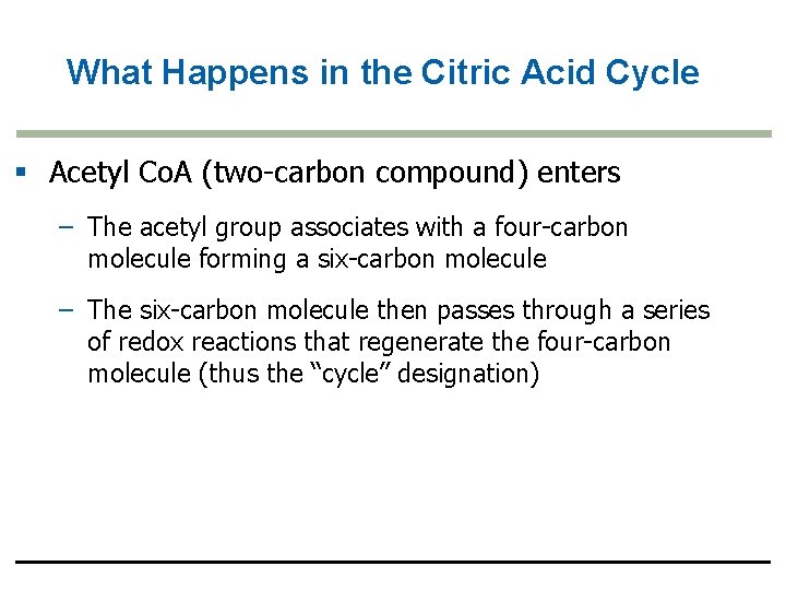 What Happens in the Citric Acid Cycle § Acetyl Co. A (two-carbon compound) enters
