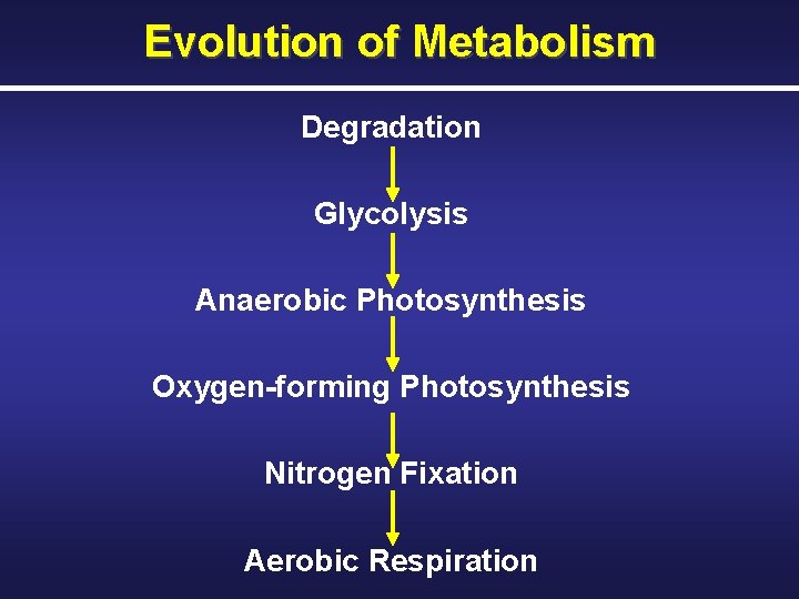 Evolution of Metabolism Degradation Glycolysis Anaerobic Photosynthesis Oxygen-forming Photosynthesis Nitrogen Fixation Aerobic Respiration 