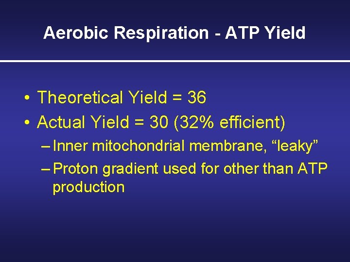 Aerobic Respiration - ATP Yield • Theoretical Yield = 36 • Actual Yield =