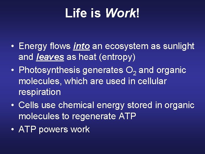 Life is Work! • Energy flows into an ecosystem as sunlight and leaves as