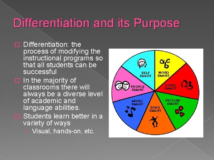 Differentiation and its Purpose Differentiation: the process of modifying the instructional programs so that