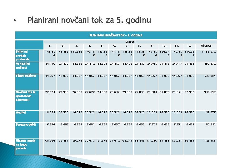  • Planirani novčani tok za 5. godinu PLANIRANI NOVČANI TOK – 5. GODINA