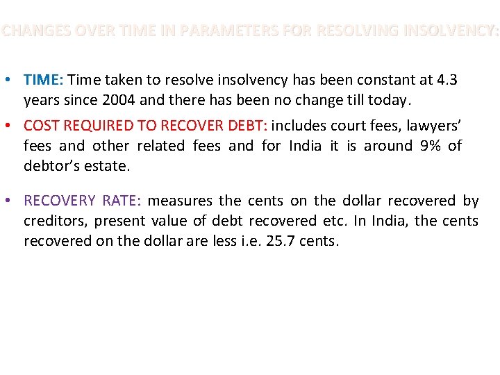 CHANGES OVER TIME IN PARAMETERS FOR RESOLVING INSOLVENCY: • TIME: Time taken to resolve