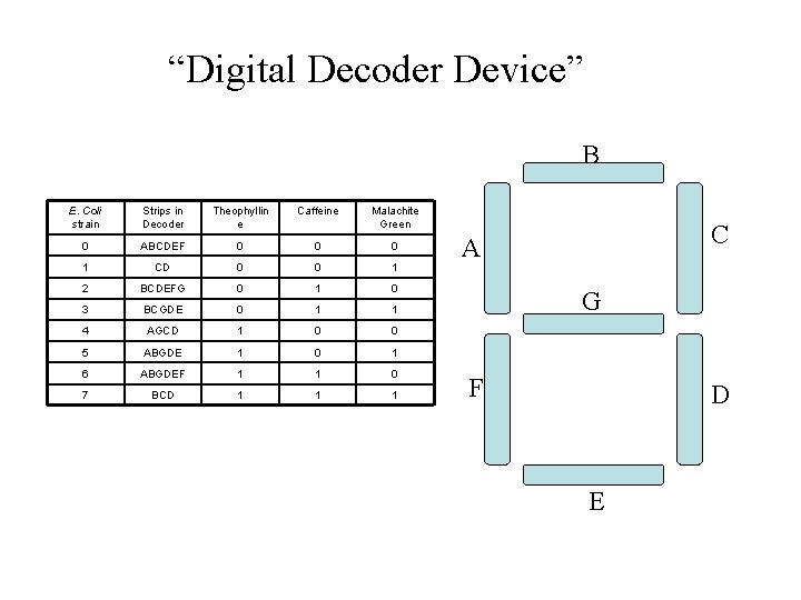 “Digital Decoder Device” B E. Coli strain Strips in Decoder Theophyllin e Caffeine Malachite