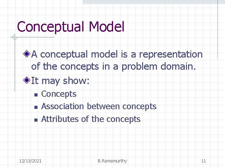 Conceptual Model A conceptual model is a representation of the concepts in a problem