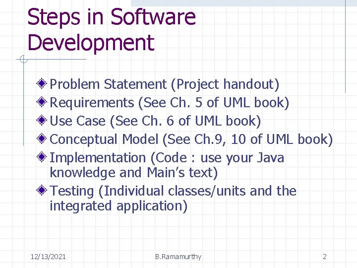 Steps in Software Development Problem Statement (Project handout) Requirements (See Ch. 5 of UML