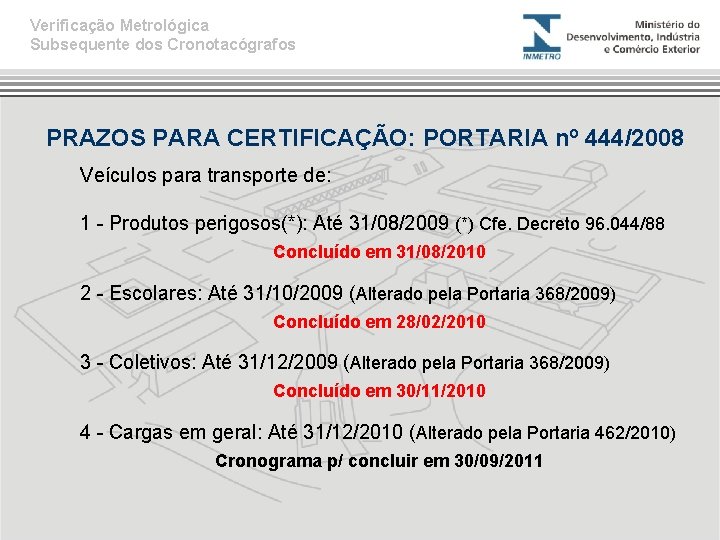 Verificação Metrológica Subsequente dos Cronotacógrafos PRAZOS PARA CERTIFICAÇÃO: PORTARIA nº 444/2008 Veículos para transporte