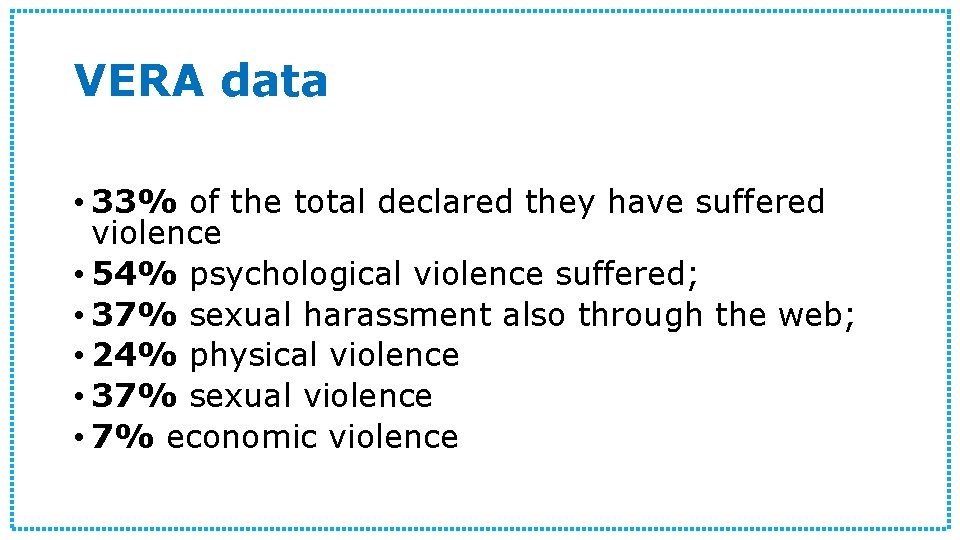 VERA data • 33% of the total declared they have suffered violence • 54%