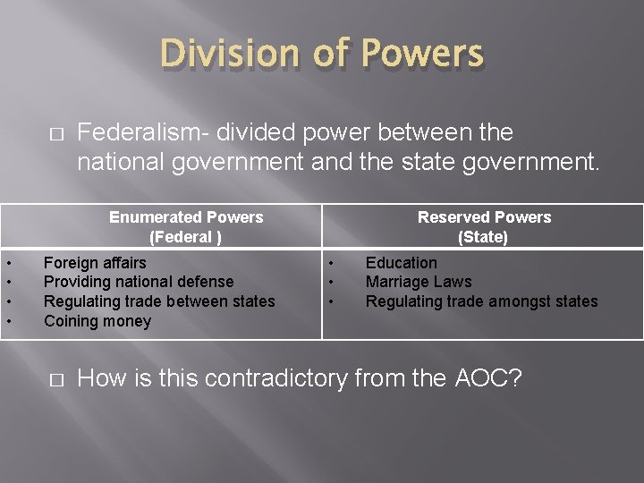 Division of Powers � Federalism- divided power between the national government and the state
