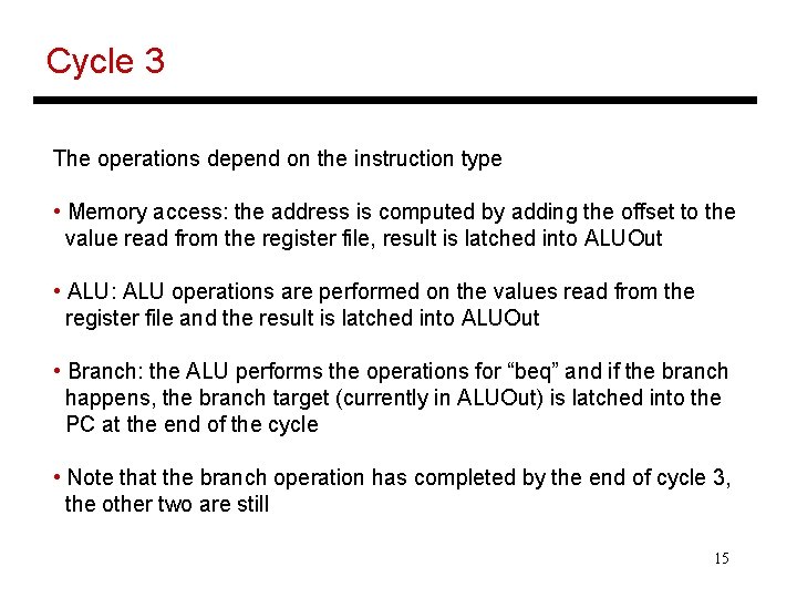 Cycle 3 The operations depend on the instruction type • Memory access: the address