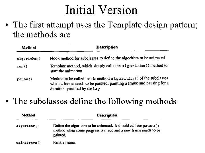 Initial Version • The first attempt uses the Template design pattern; the methods are