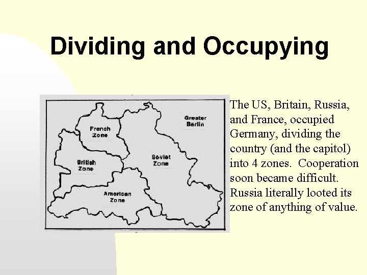 Dividing and Occupying The US, Britain, Russia, and France, occupied Germany, dividing the country
