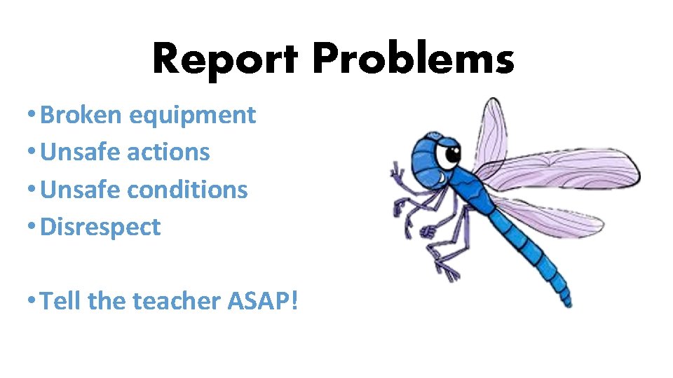 Report Problems • Broken equipment • Unsafe actions • Unsafe conditions • Disrespect •