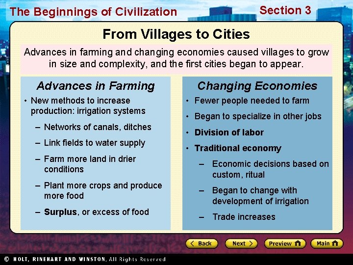 Section 3 The Beginnings of Civilization From Villages to Cities Advances in farming and