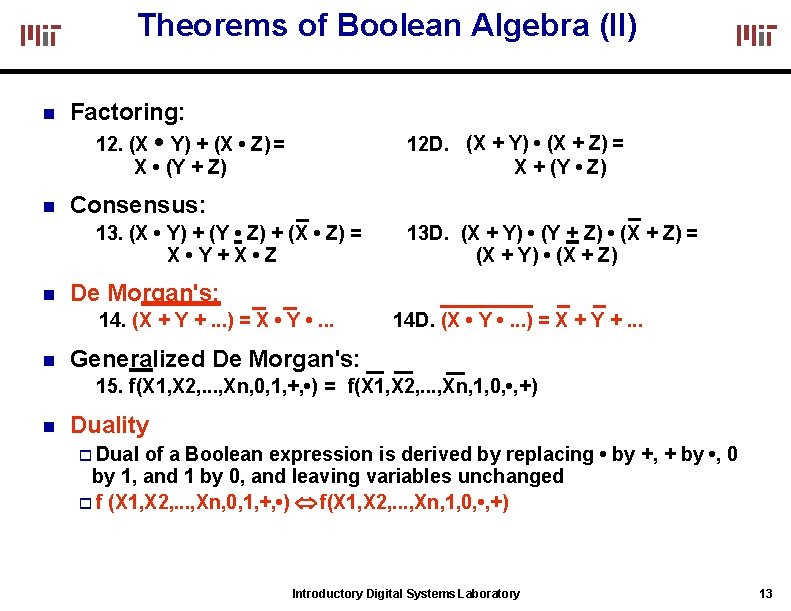 Theorems of Boolean Algebra (II) Factoring: 12. (X • Y) + (X • Z)