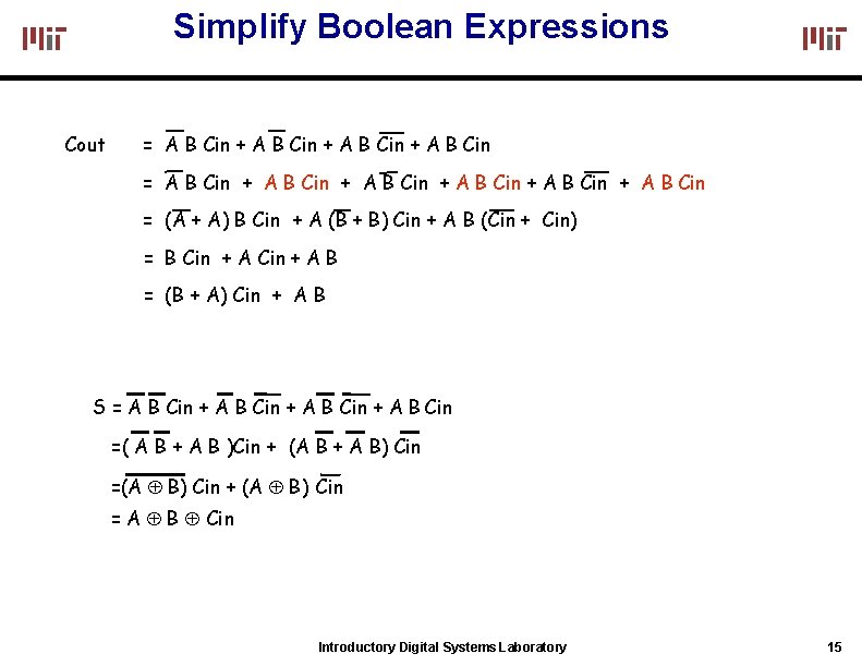 Simplify Boolean Expressions Cout = A B Cin + A B Cin + A