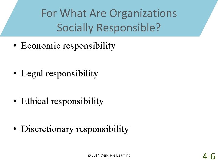 For What Are Organizations Socially Responsible? • Economic responsibility • Legal responsibility • Ethical