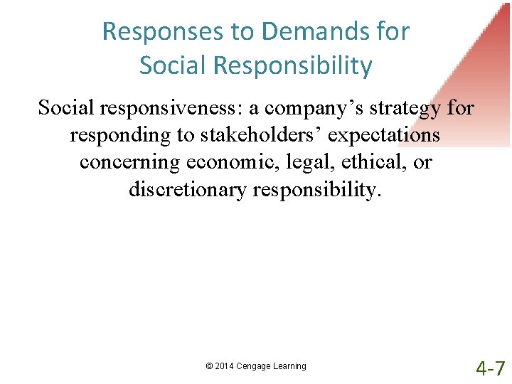 Responses to Demands for Social Responsibility Social responsiveness: a company’s strategy for responding to