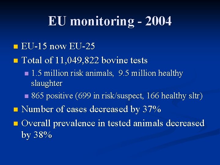 EU monitoring - 2004 EU-15 now EU-25 n Total of 11, 049, 822 bovine