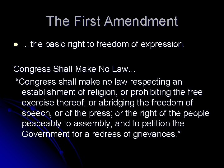 The First Amendment l …the basic right to freedom of expression. Congress Shall Make