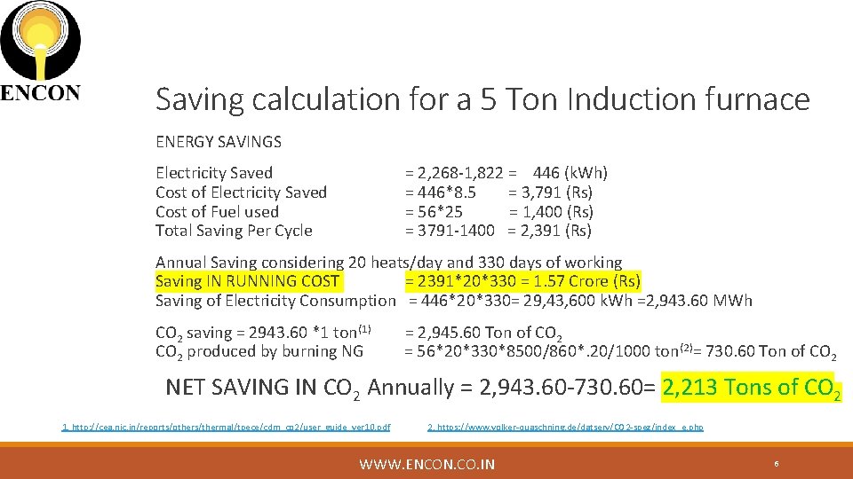 Saving calculation for a 5 Ton Induction furnace ENERGY SAVINGS Electricity Saved Cost of