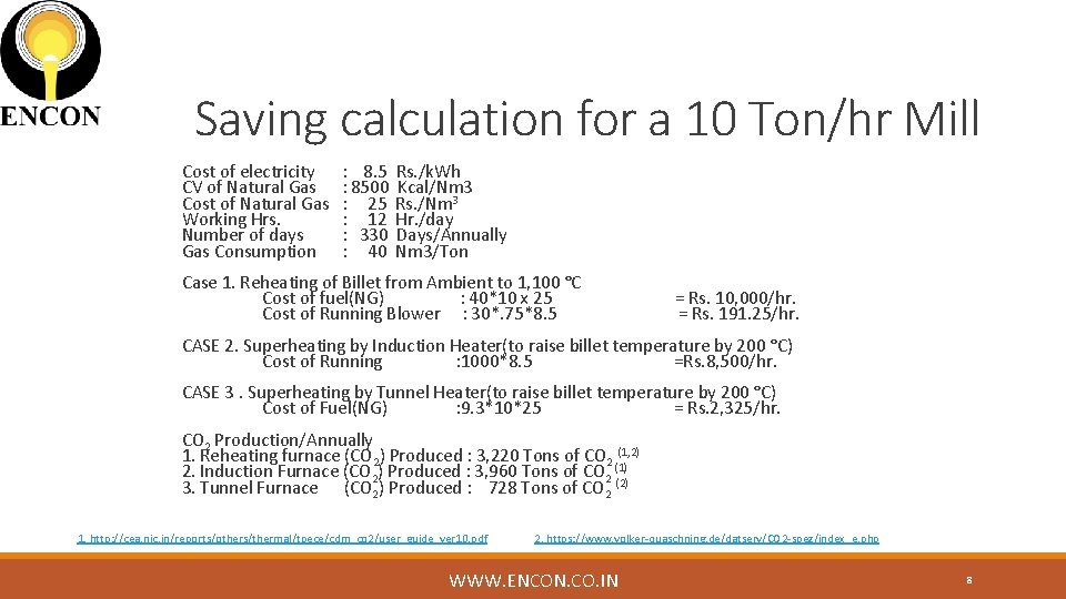 Saving calculation for a 10 Ton/hr Mill Cost of electricity CV of Natural Gas