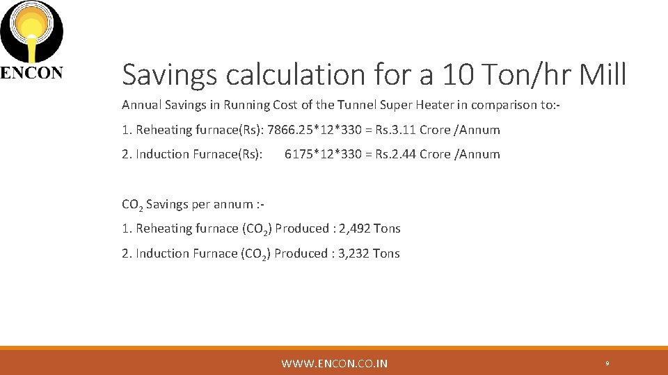 Savings calculation for a 10 Ton/hr Mill Annual Savings in Running Cost of the