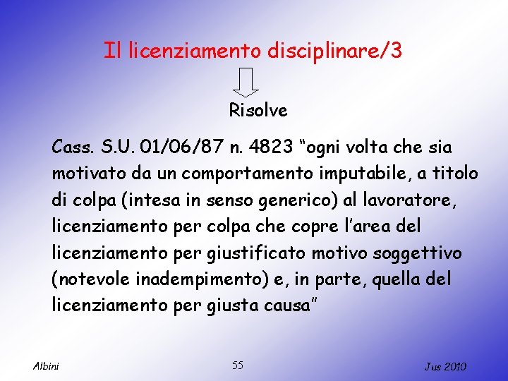 Il licenziamento disciplinare/3 Risolve Cass. S. U. 01/06/87 n. 4823 “ogni volta che sia