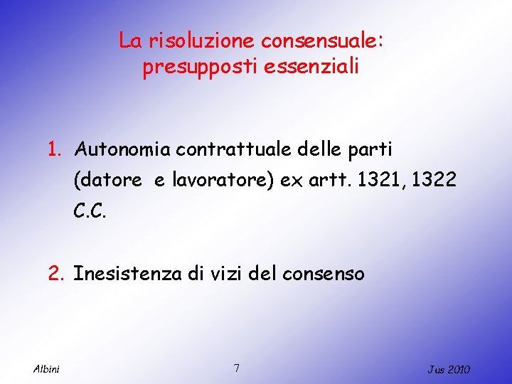 La risoluzione consensuale: presupposti essenziali 1. Autonomia contrattuale delle parti (datore e lavoratore) ex