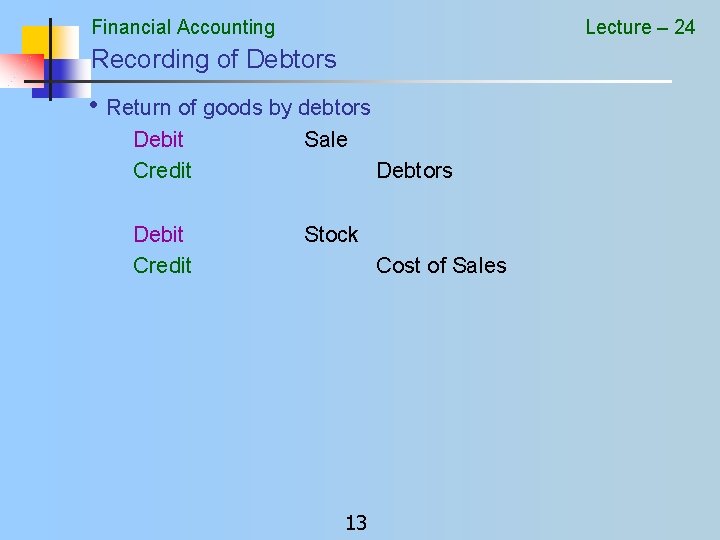 Financial Accounting Lecture – 24 Recording of Debtors • Return of goods by debtors