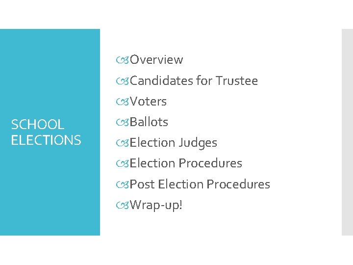 SCHOOL ELECTIONS Overview Candidates for Trustee Voters Ballots Election Judges Election Procedures Post Election